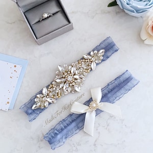 Dusty Blue Gold Bridal Garter Set - Rhinestones and Pearls Garter - Something Blue - Wedding Garters for Bride
