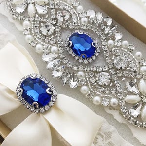 Royal Blue Wedding Garter Set, Rhinestone Pearl Keepsake Toss Garter