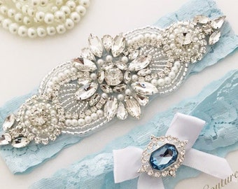 Something blue wedding/bridal garter set, garters for wedding light blue