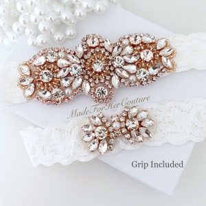 Rose Gold Wedding Garter Set For Bride with Rhinestones, Crystals and Pearl details