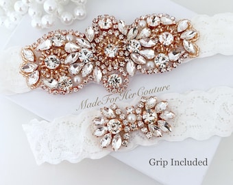 Rose Gold Wedding Garter Set For Bride with Rhinestones, Crystals and Pearl details