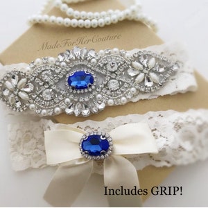 Blue Jewel Keepsake and Toss Garter Set with Rhinestones and Pearls - Bridal Wedding Accessories