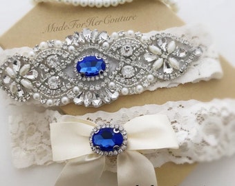 Something Blue garter set, Blue Wedding Garter, Bridal Garter Set, Ivory Garter Set, Crystal Pearl Garter, Ivory Wedding Garter