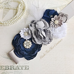 Navy Flower Wedding Sash: Pearl Rhinestone Bridal Belt