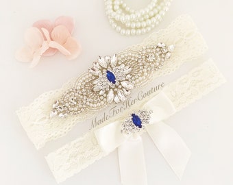 Blue Gem Rhinestone Pearl Garter Set For Brides & Weddings - Perfect Something Blue