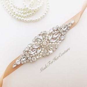 Crystal Pearl Wedding Belt: Champagne Bridal Dress Sash