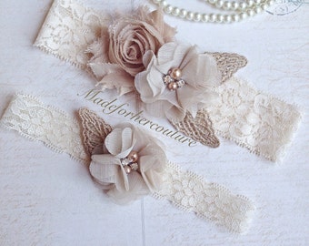 Conjunto de liga nupcial de encaje color canela: liga nupcial de gasa con flores