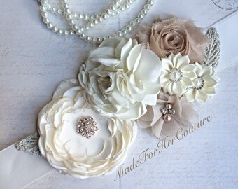 Ivory Flower Maternity Sash: Champagne Beige Rhinestone Belt  display picture 1