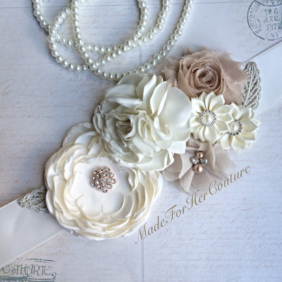 Elegant Ivory Satin Floral Sash Belt Camilla Christine FLORA SASH Wedding Dress Belt Floral  main image 4