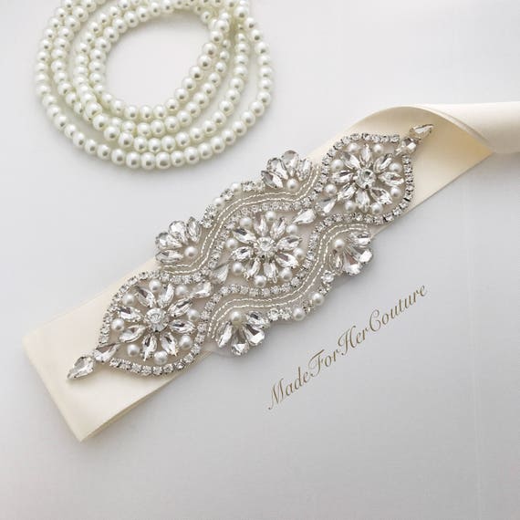Embellished Pearl & Crystal Bridal Sash - Ivory Handmade Ivory Satin Bridal Sash With Pearls & Rhinestones  main image 2