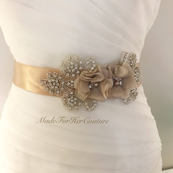 Champagne Bridal Belt: Chiffon Flower Rhinestone Wedding Sash