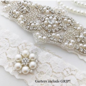 Wedding Garter, Bridal Garter, Ivory Garter, Crystal Pearl Garter Set, Vintage Garter, Wedding Garter Belt, Garters for wedding image 1