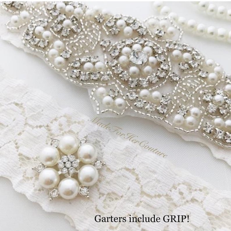 Wedding Garter, Bridal Garter, Ivory Garter, Crystal Pearl Garter Set, Vintage Garter, Wedding Garter Belt, Garters for wedding image 1