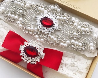Red Bridal Garter Set: Ruby Keepsake & Toss Garters