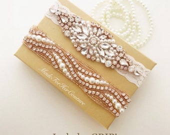 Rose Gold Wedding Garter Set: Rhinestone & Pearl Bridal Garters