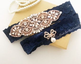 Crystal pearl Wedding garter/bridal garter, navy lace rose gold applique