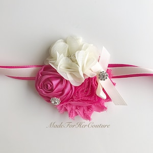 Hot Pink Corsages, Wrist Flower, Wrist Corsage, Wedding Corsage, pink ivory Corsage, Prom Corsage, Wedding Wrist Band, Wedding corsage, image 4