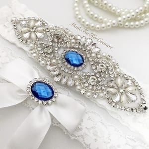 Royal Blue Wedding Garter, White Wedding Garter, Blue Garter Set, Crystal Pearl Garter, White Wedding Garter Belt-Something Blue Garter set