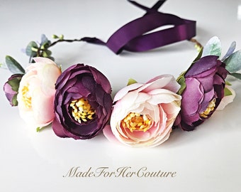 Handmade Purple Flower Crown: Boho Bridal Tiara with Plum Ribbon