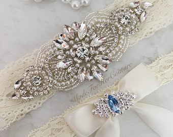 Something Blue Bridal Garter: Light Blue Stone, Ivory Lace