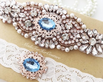 Rose Gold Wedding Garter Set: Lace, Rhinestone, Something Blue
