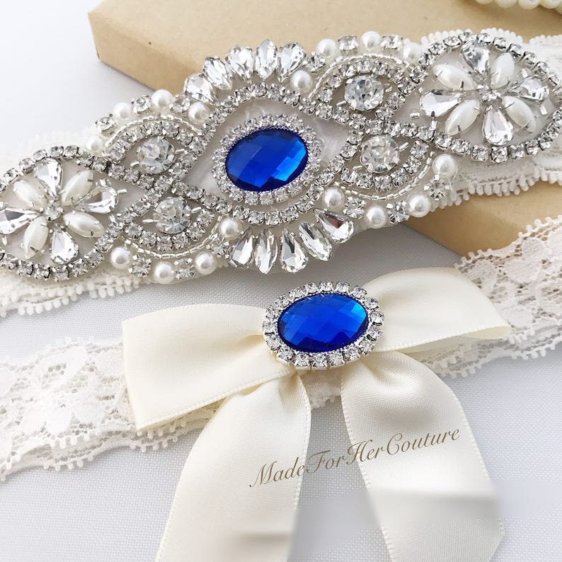 Royal Blue Wedding Garter, Bridal Garter Set, Rhinestone Garter Set, Ivory Garter Set, Pearl Garter, Wedding Garter Belt-Something Blue image 2