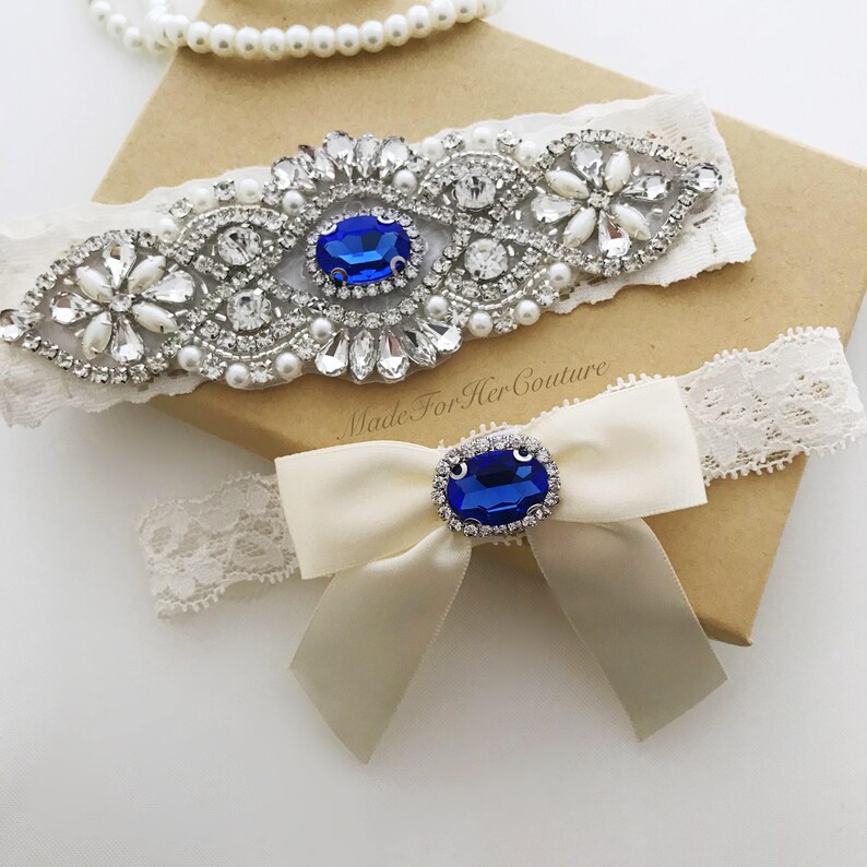 Royal Blue Wedding Garter, Bridal Garter Set, Blue Garter Set, Crystal Pearl Garter, Vintage Garter, Wedding Garter Belt-Something Blue image 5