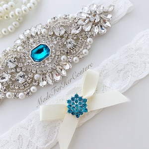 Aqua Blue Crystal Bridal Garter Set with Pearls Lace and Toss Garter – Something Blue Wedding Garter for Bride Custom Fit