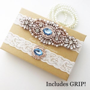 Rose Gold Wedding Garter, Rose Gold Bridal Garter Set, Rose Gold & Blue Garter Set, Something  Blue, Garters For Wedding