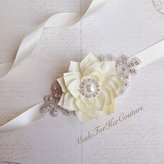 Rhinestone Flower Bridal Sash~Pale Ivory Ivory Flower Satin, Rhinestone & Bugle Bead Bridal Wedding  main image 2