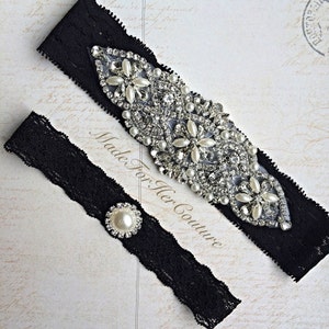 Wedding Garter, Bridal Garter,Stretch Lace Garter,Black Rhinestone garter set,Wedding Garter Set, Garter Belt, Vintage wedding Garter,