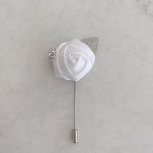 White Satin Rose Lapel Pin: Wedding Floral Accessory