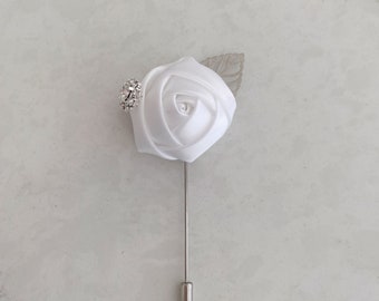 White Satin Rose Lapel Pin - Elegant Floral Accessory for Weddings and Formal Events, Available in Gold and Silver