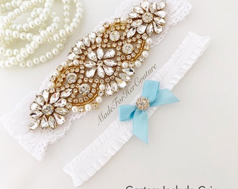 Garters for wedding - Gold wedding garter - Bridal Garters - Something Blue