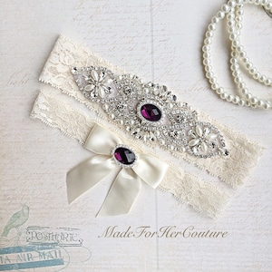 Purple Wedding Garter, Bridal Garter Set, Stretch Lace Garter, Crystal Pearl Garter, Vintage Garter, Wedding Garter Belt-Something Blue