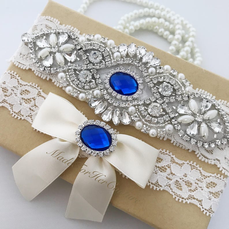 Royal Blue Wedding Garter, Bridal Garter Set, Rhinestone Garter Set, Ivory Garter Set, Pearl Garter, Wedding Garter Belt-Something Blue image 3