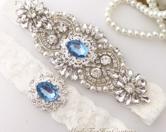Light Blue Gem Bridal Garter Set: Lace Wedding Accessory