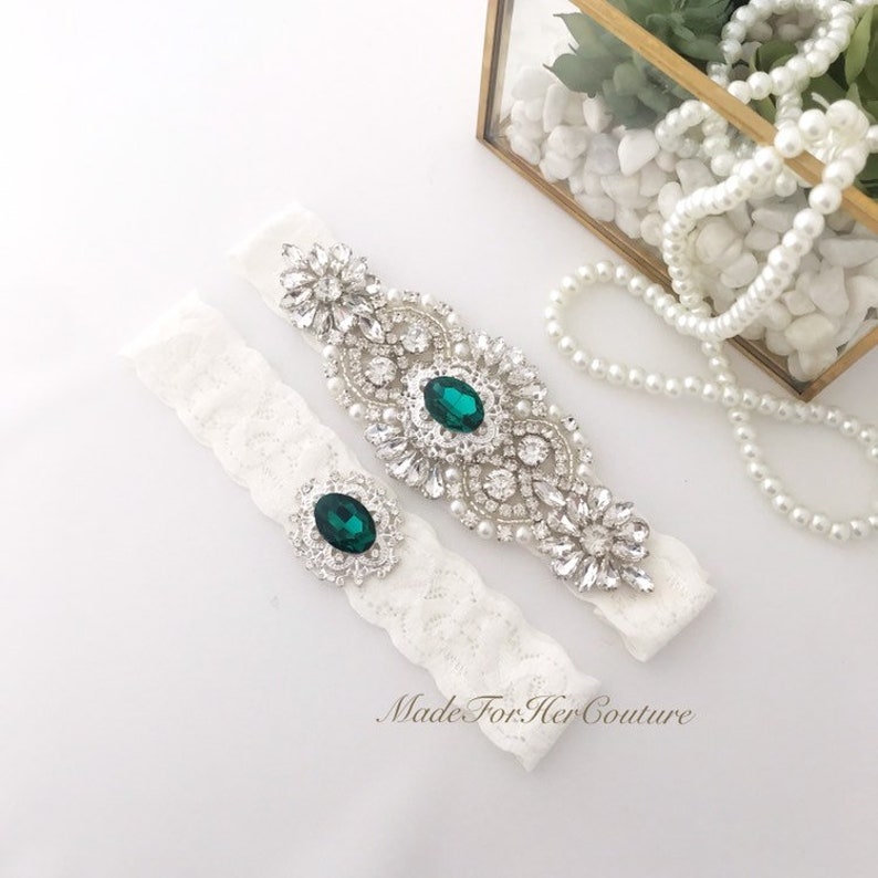 Emerald Green Wedding Garter Set For Brides image 4