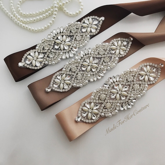 Crystal Pearl Wedding Sash Belt, Neutral Bridal Dress Belt