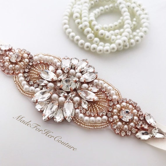Rose Gold Bridal Sash: Crystal Pearl Wedding Belt - Etsy display picture 3