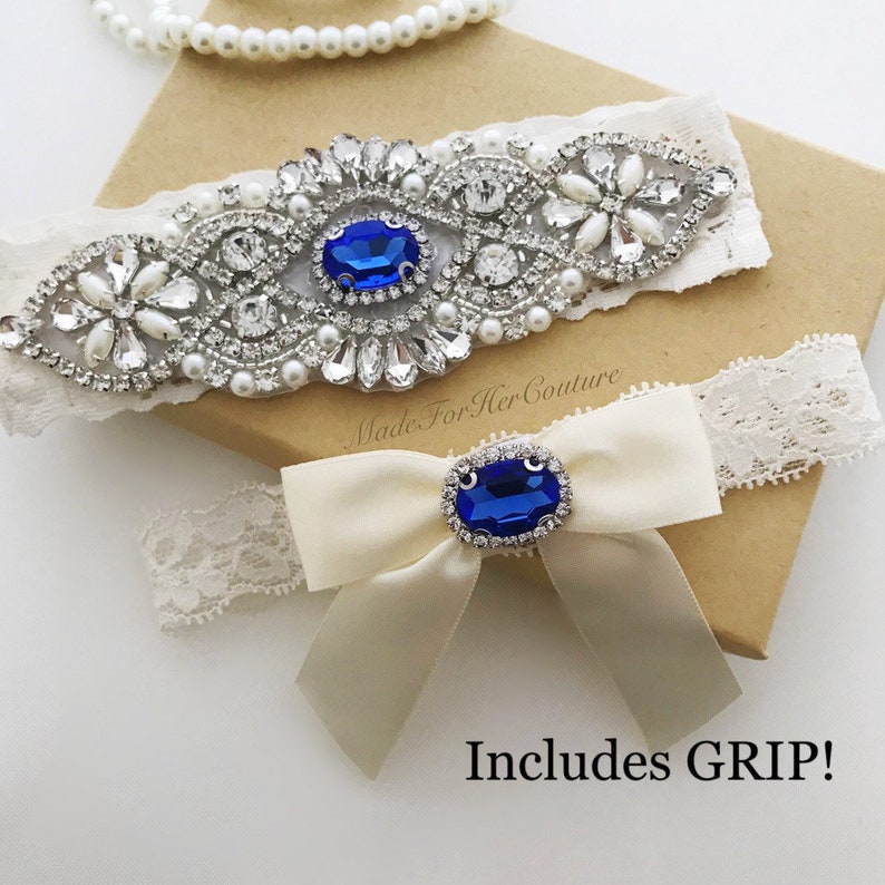 Royal Blue Wedding Garter, Bridal Garter Set, Blue Garter Set, Crystal Pearl Garter, Vintage Garter, Wedding Garter Belt-Something Blue image 6