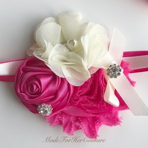 Hot Pink Corsages, Wrist Flower, Wrist Corsage, Wedding Corsage, pink ivory Corsage, Prom Corsage, Wedding Wrist Band, Wedding corsage, image 3