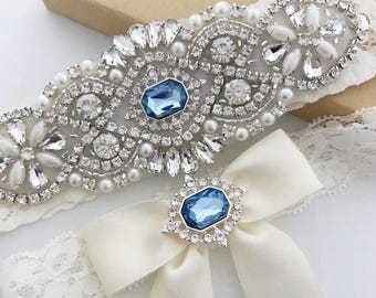 Conjunto de liga de boda "Something Blue", liga de recuerdo para lanzar, encaje adornado con pedrería.