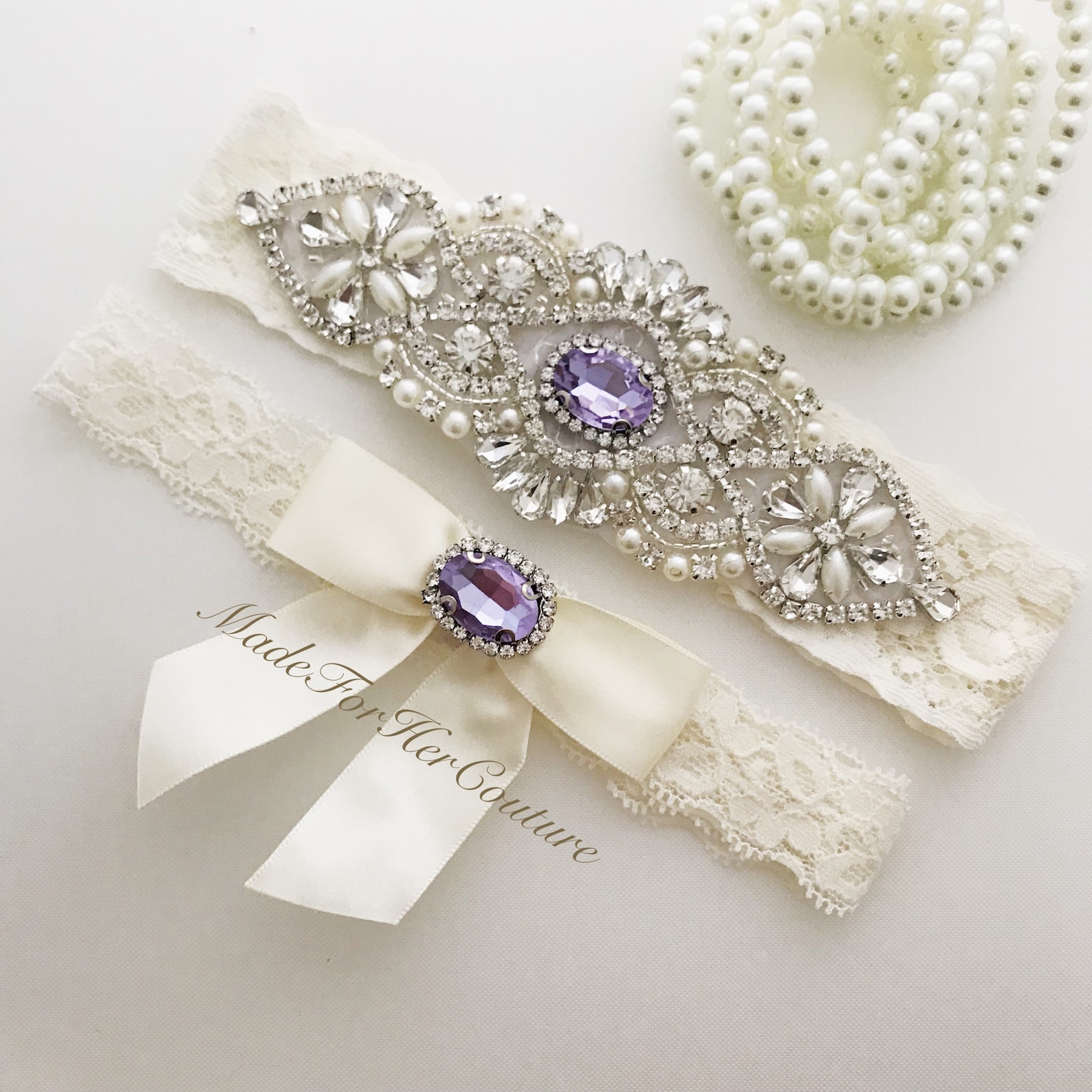 Purple special occasion belts and sashes - lavender lace rhinestone garter belt set