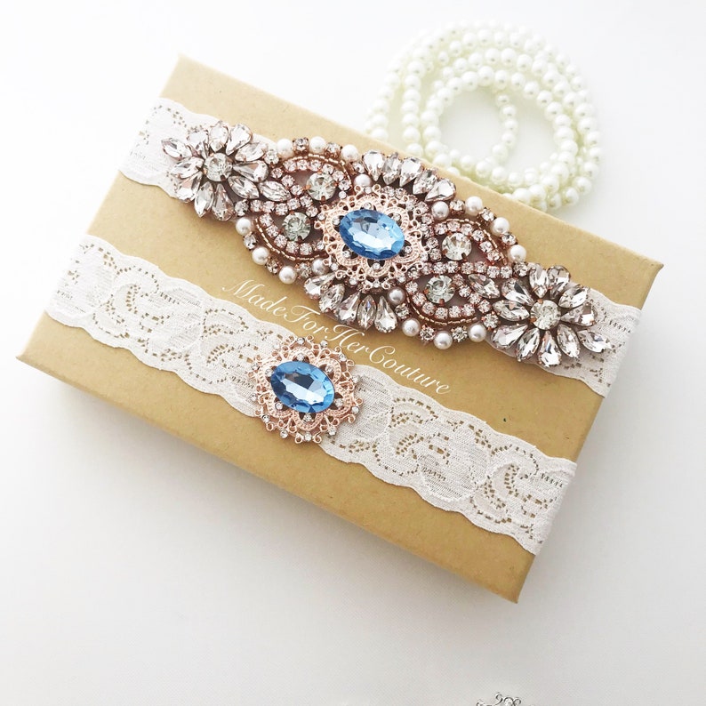 Rose Gold Wedding Garter, Rose Gold Bridal Garter Set, Rose Gold Garter Set, Ivory lace rose gold garter, Garters For Wedding image 5