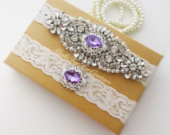 Purple Wedding Garter Set: Crystal Pearl, Vintage Bridal Garter