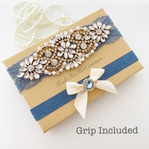 Wedding garter with gold accent handmade bridal garter for weddings Available on white, ivory, navy blue and antique/vintage blue lace image 2