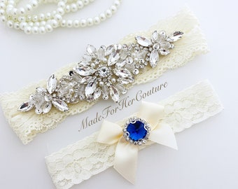 Bruiloft kousenband ingesteld op ivoor kant met een blauw accent - kousenbanden voor bruiloft/bruid, perfect iets blauw