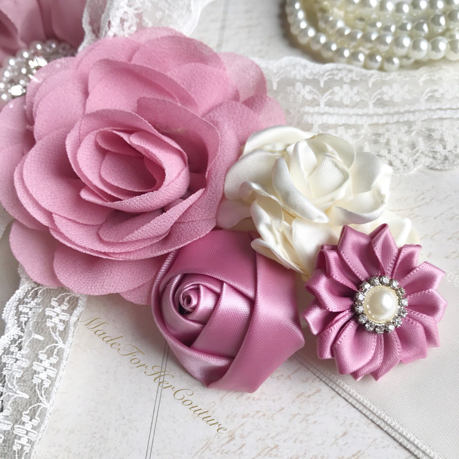 Rosy bridal sash rosy pink wedding belt dusty pink flower | Etsy