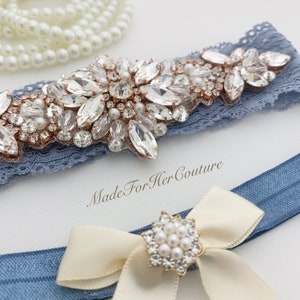 garters for wedding, wedding garter, rose gold garter, antique blue garter, garter set, bridal garter, wedding garter set, blue garters image 4